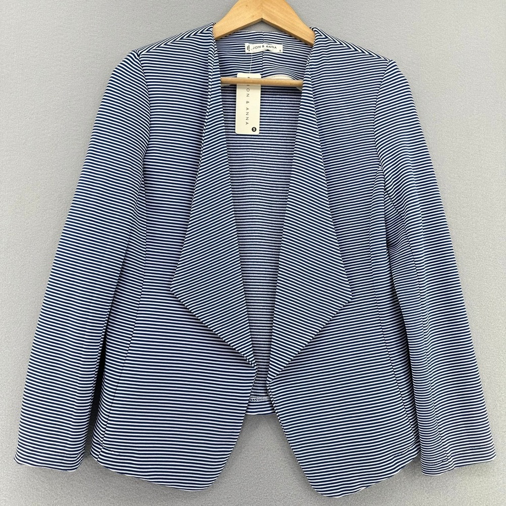 JON & ANNA Striped Blazer Open Front Draped Collar Cardigan Navy White SZ S